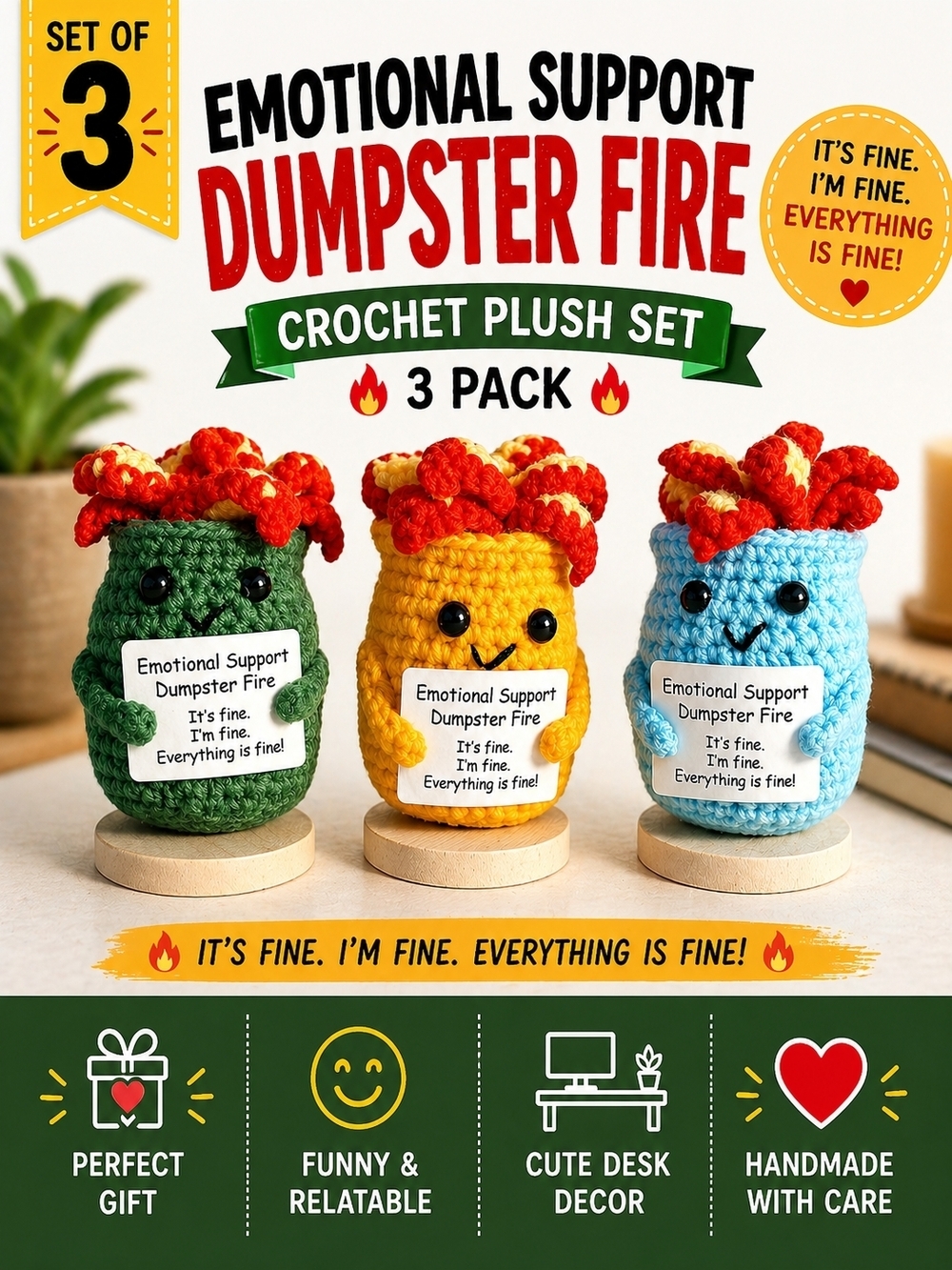 Funny Emotional Support Dumpster Fire Plush Set of 3 Crochet Stress Gift - Picture 3 of 4
